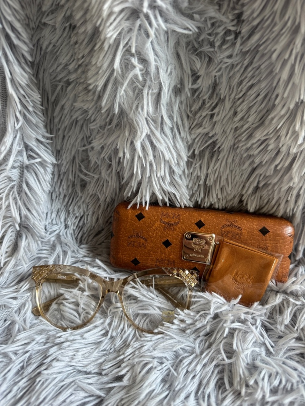 MCM Amber Crystal-Trim Cat-Eye Glasses with Cognac Logo Case